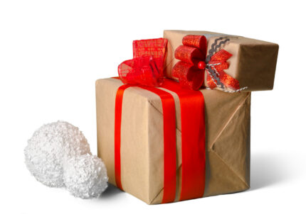 Two gift boxes wrapped in brown kraft paper with red ribbons and bows on a white backdrop.