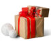 Two gift boxes wrapped in brown kraft paper with red ribbons and bows on a white backdrop.