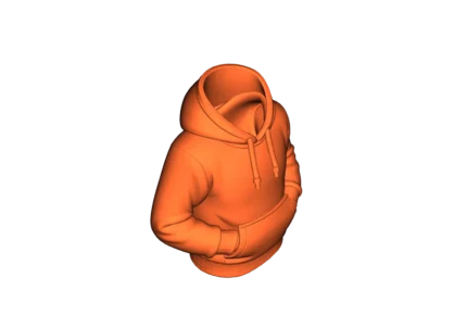Orange hoodie 3D render seen from above with hands in pockets on a black background.