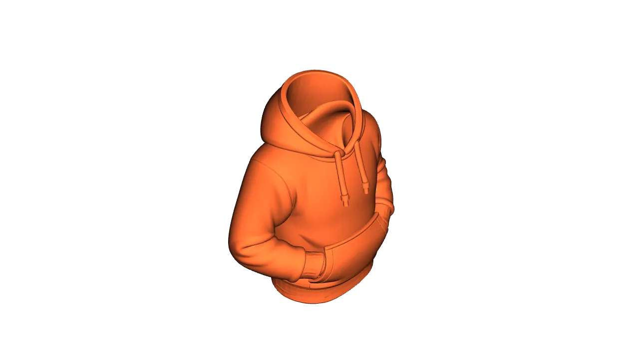 Orange hoodie 3D render seen from above with hands in pockets on a black background.